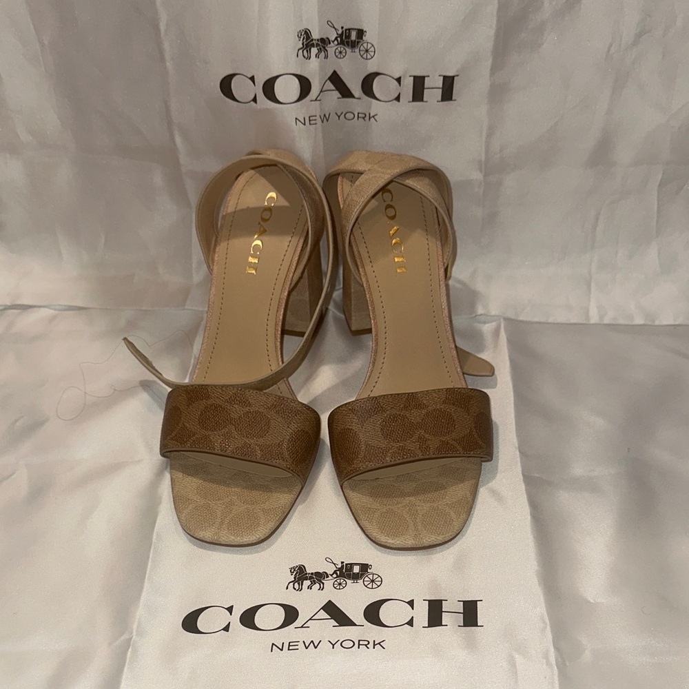 Coach Sculpted C Block Heel Sandal in signature jacquard in Brown and Tan.